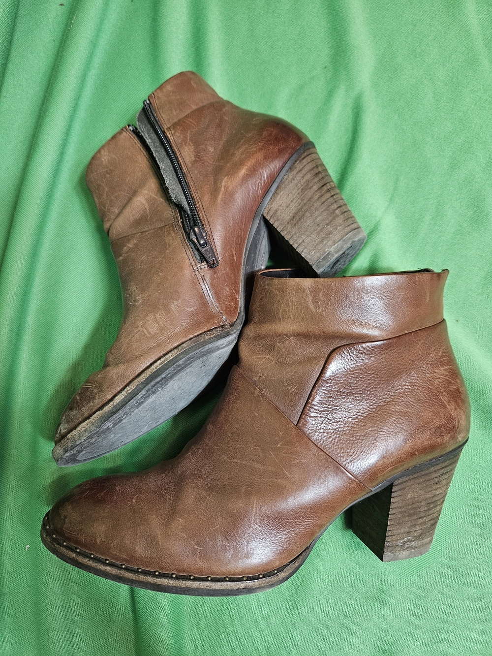 Paul Green Brown Leather Ankle Booties with Stacked Heel